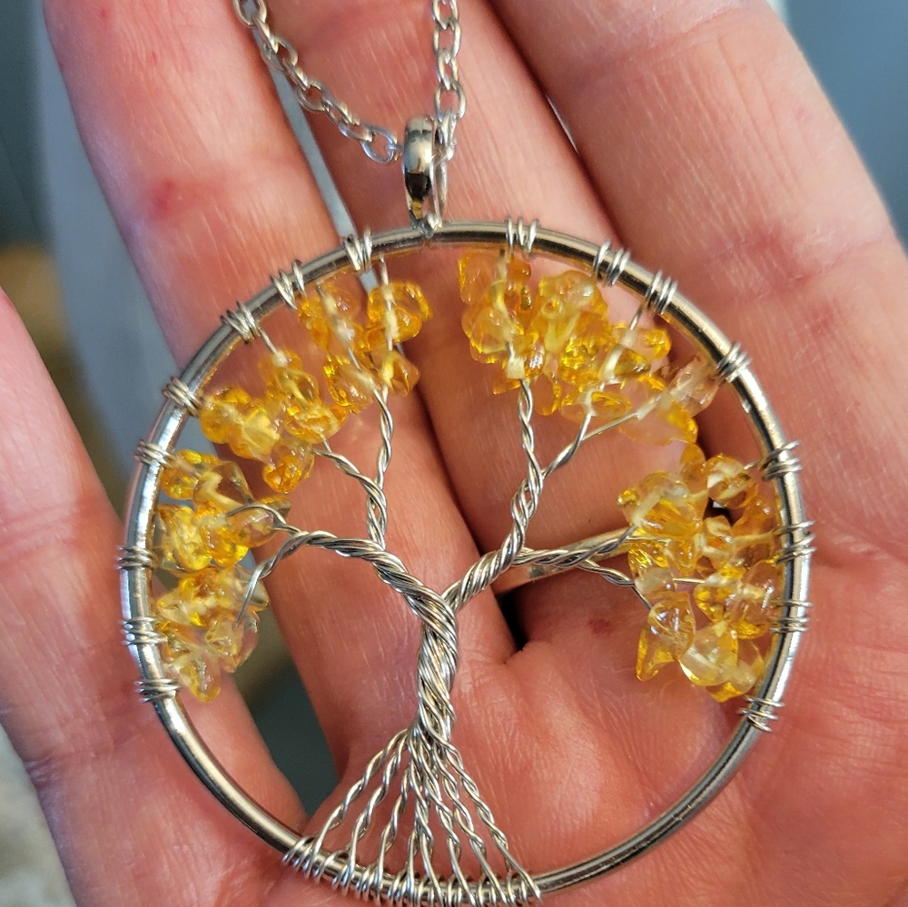 Citrine tree of life necklace silver tone chain and wire